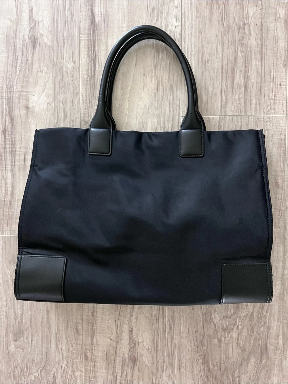 Tory Burch Black Nylon Ella Tote Bag Double T Logo Leather Trim Large Shopper
